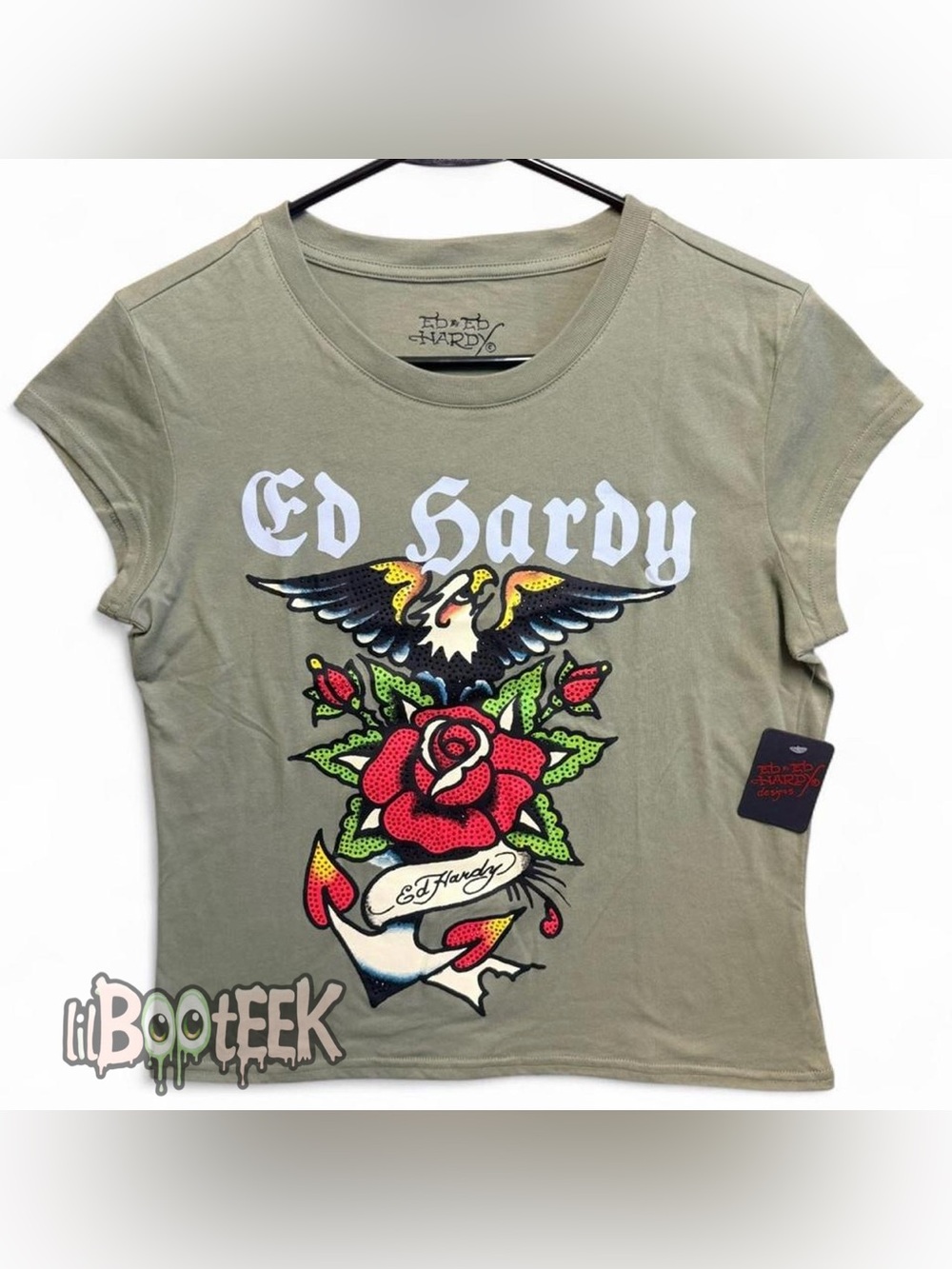 Ed Hardy Olive Green Tee with Rhinestone Red Rose and Eagle Graphic